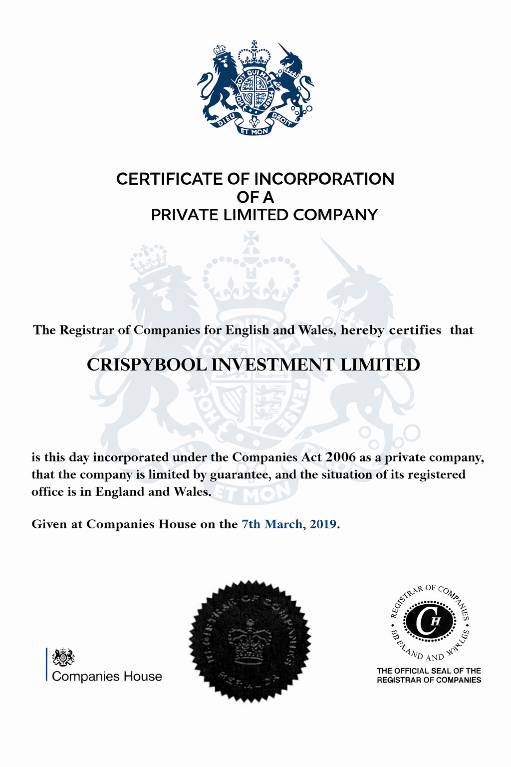 Crispybool Investment Certificate